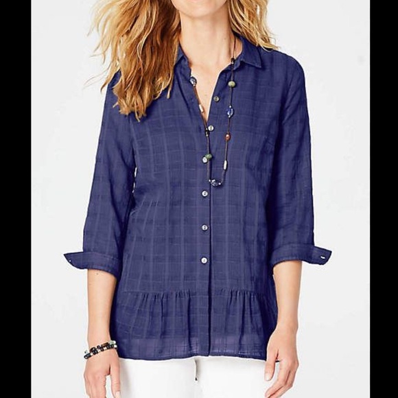 J.Jill textured button down blouse with ruffle hen in navy blue. Size S - Picture 1 of 10